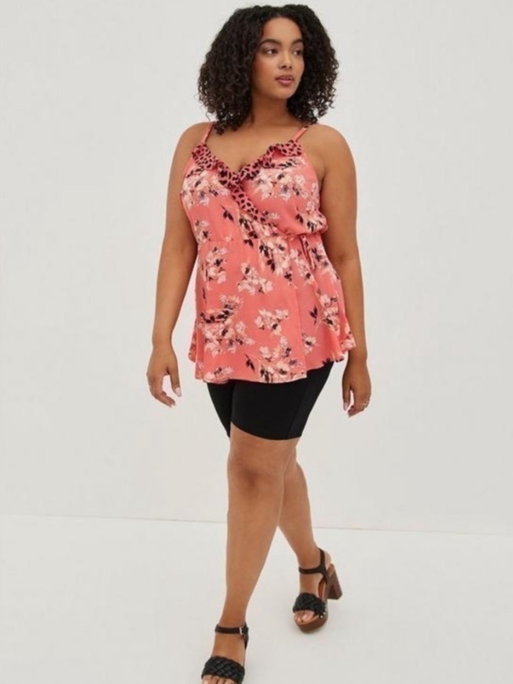 Floral Coral Leopard Faux Wrap Cami Top